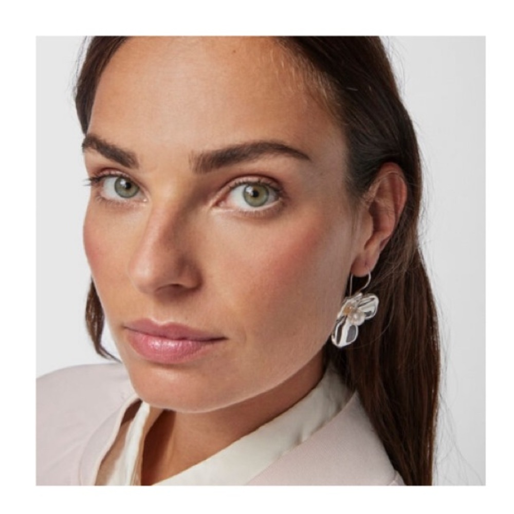 Large Silver Fragile Nature Flower Earrings with Pearl